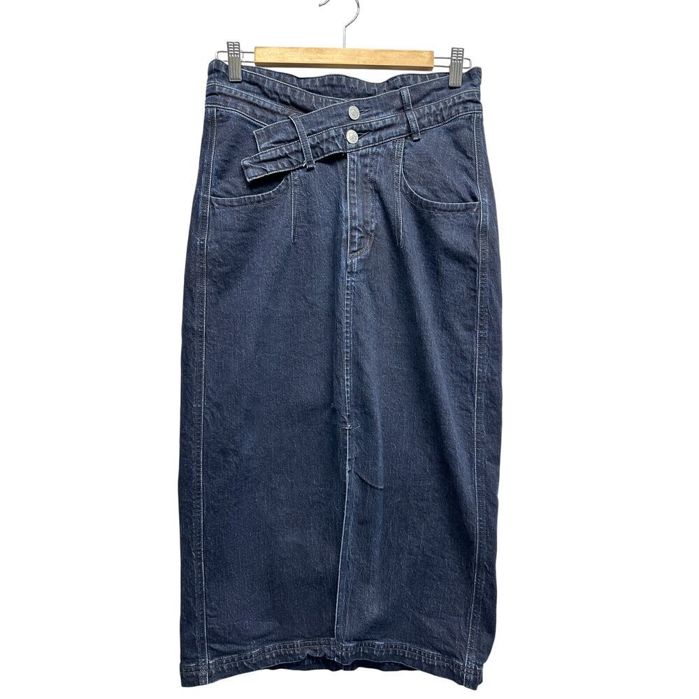 Pilcro Anthro High Waist Denim Midi Skirt 10 with Belted Waist Dark Wash‎ Flaw